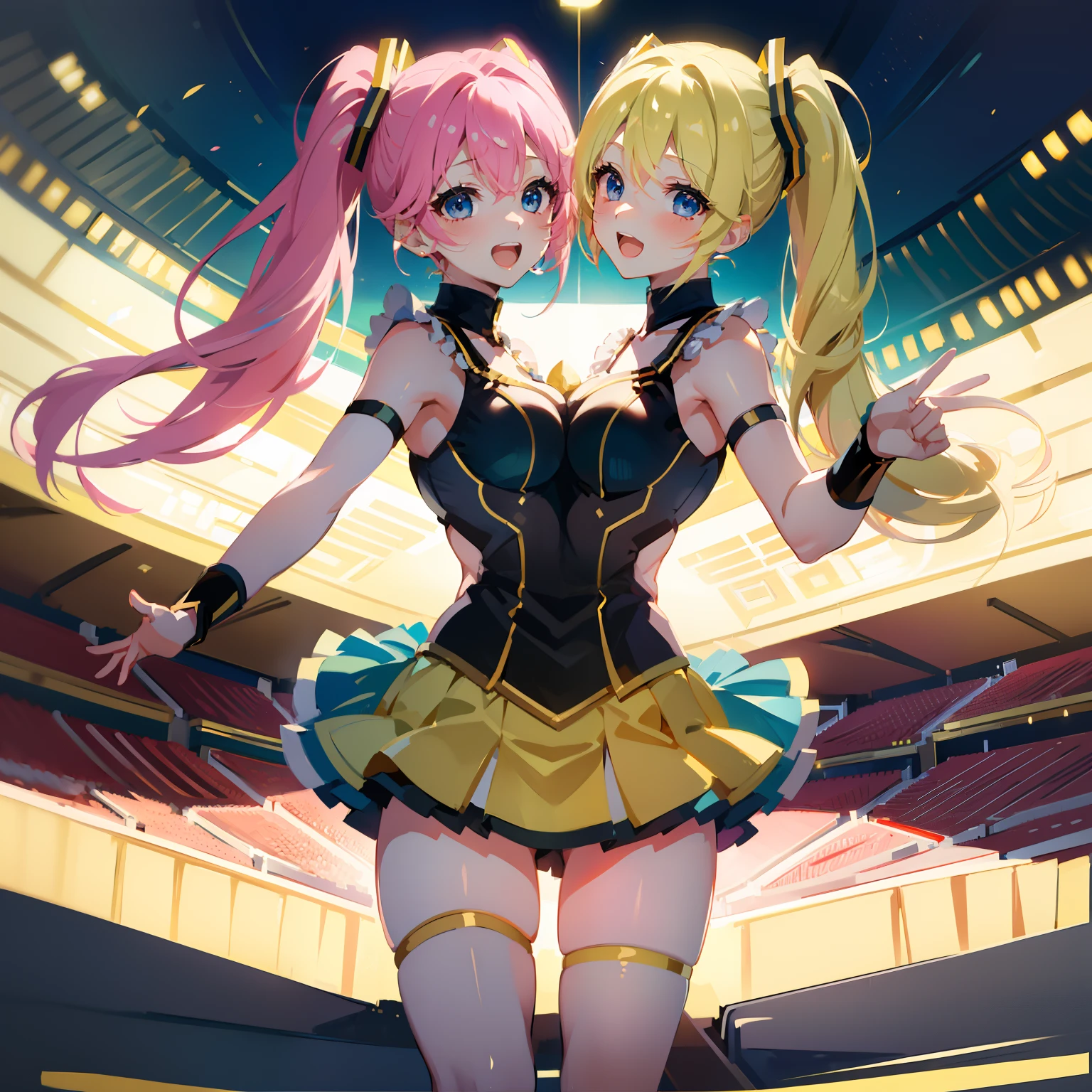 (masterpiece, best quality), best resolution, (2heads:1.5), 1girl, sakura miku character, cheerleader, pink hair, blue eyes, open mouth, energetic, cheery, black and gold cheerleader outfit, cheering pose, football stadium, night