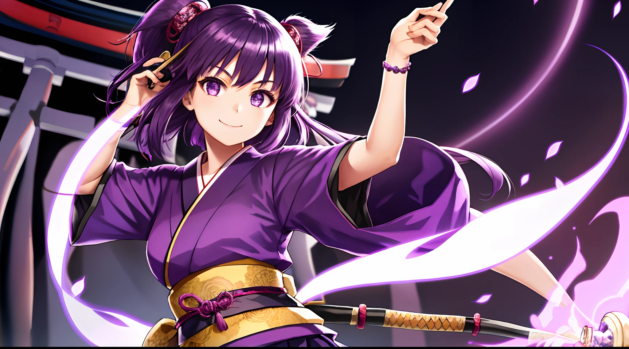 1 girl, Japanese clothes, jewelry, looking at the viewer, cute, smiling, holding katana, dark purple hair, light purple eyes japanese shrine background, detailed and visible background