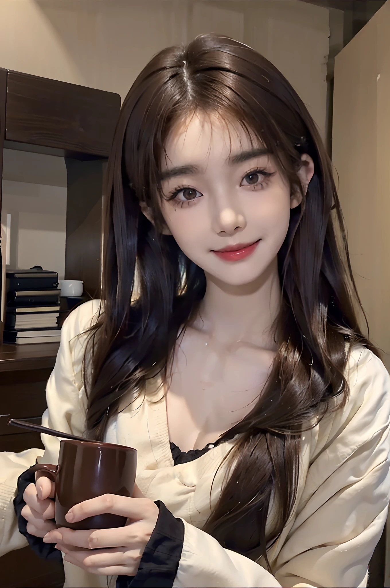 top-quality、8K、​masterpiece:1.3))、full body Esbian:1.3、foco nítido:1.2、(realisitic、Photorealsitic:1.37)、Beautiful Face Woman、32years old、pointed chest、long eyeslashes、Colorcon、beutiful breast 、delicated、Highly detailed eyebrows、（Sharp Eyebrows）、（Thin eyebrows）、very vey very detailed face、((Brunette short disheveled hair:1.3))、((resplendent smile:1.3))、In her own room, a girl is studying for exams. On her desk, there's a mug cup with warm cocoa. In between study sessions, she takes the mug in her hands and takes a breather.