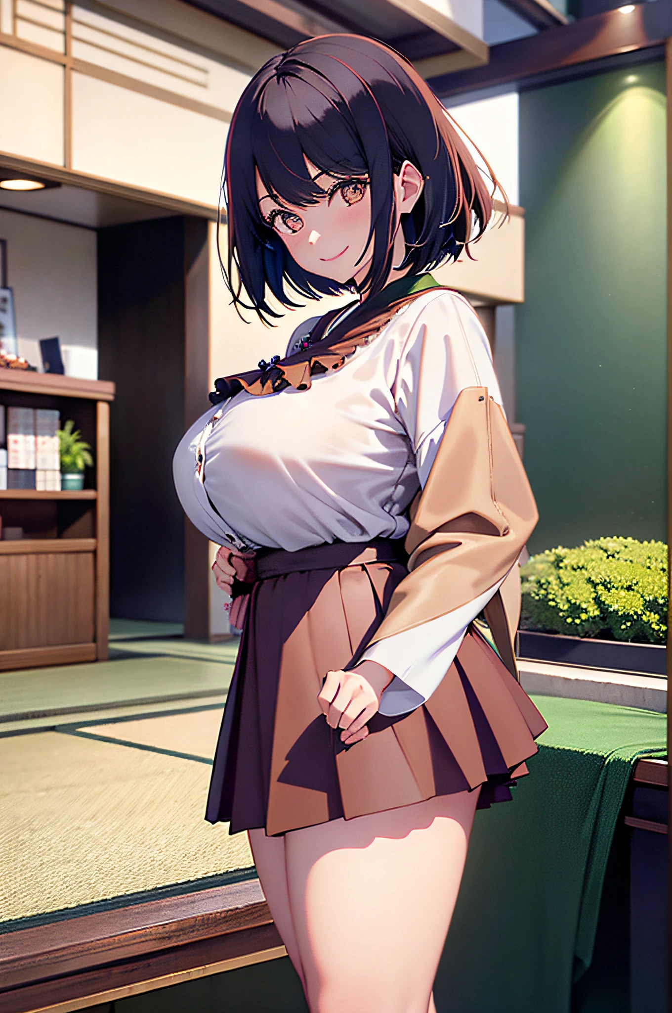 1 Beautiful Japan Woman, Mature, Detail Eyes, 二重まぶた, Brown eyes, Huge breasts, Peter Pan-colored blouse and flared skirt, Charming smile, Bob Cut Hair, Hotel Lobby, thighs thighs thighs thighs, Front view, Perfect Anatomy, Best Quality, Ultra High Resolution, masutepiece, Photorealistic:1.3