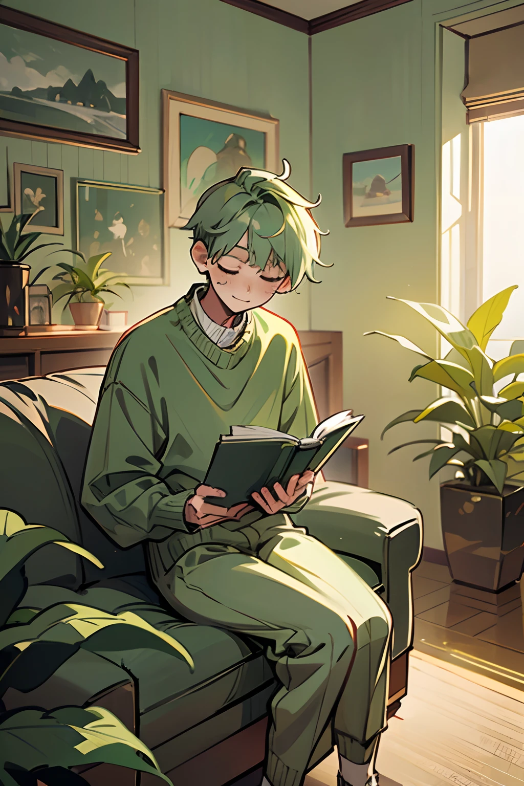kpop boy, sage green hair, in green cute sweater outfit, sit near plant, inside living room, chill lofi, pretty, formal professional sit pose, happy, reading books