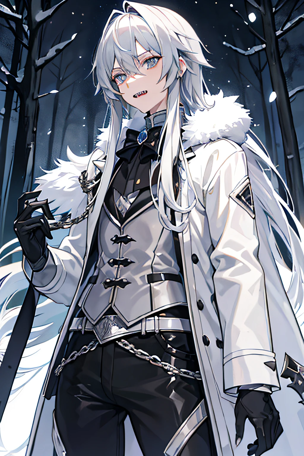 Male femboy, silver long hair, dressed in adventurer clothes, in the background of a winter forest, gray eyes, sharp teeth