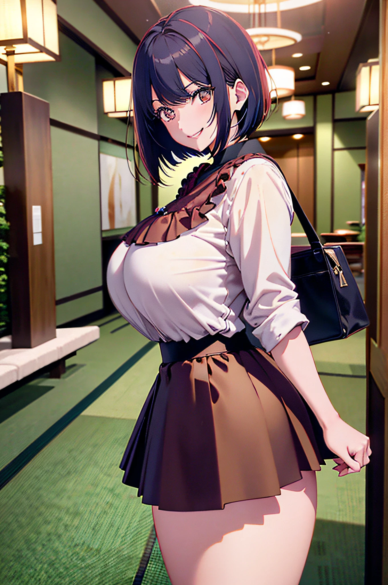 Anna Millers dark pink uniform, cute girl clerk, A smile for customer service with a slightly shy smile, leaning down, Bustier-style dark pink dress that doesn't cover the breasts, Soft breasts around C cup, pink fluttering miniskirt, and draw the full body, She stands on one leg and takes off her panties down to her thighs., Interior of a large Western-style coffee shop, Her uniform is a little disheveled and her breasts are exposed., Draw nipples, draw the crevice between the legs