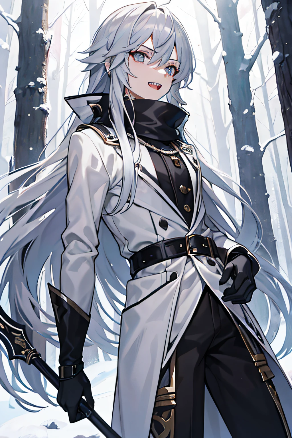 Male femboy, silver long hair, dressed in adventurer clothes, in the background of a winter forest, gray eyes, sharp teeth