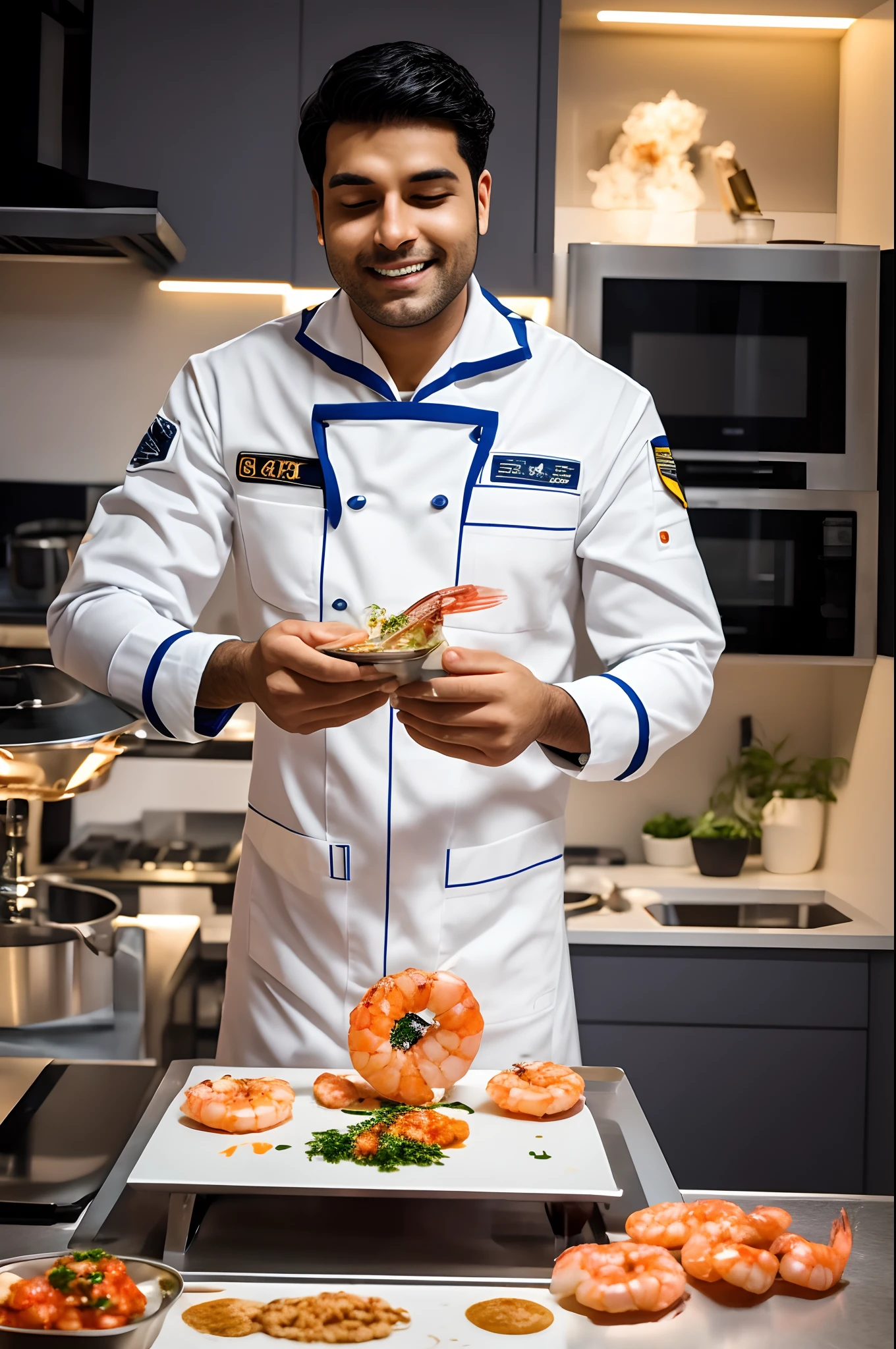 astronatal homem com uniforme e capaceta, na cozinha, Making Shrimp