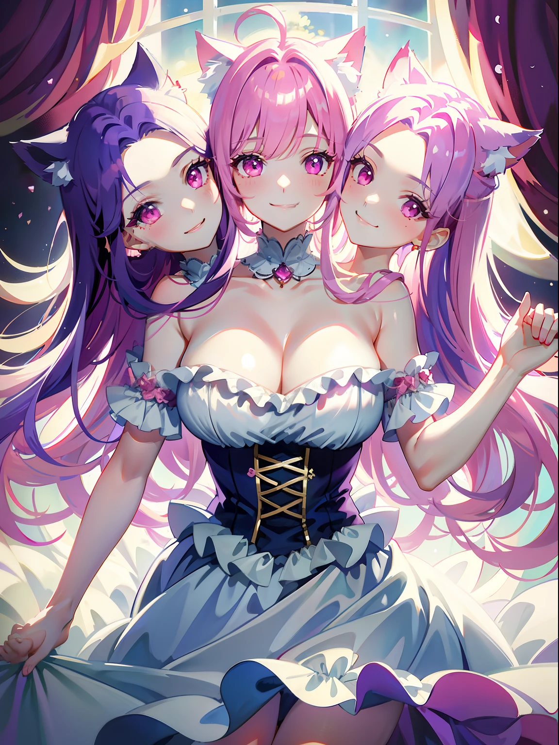 (masterpiece, best quality), best resolution, (3heads:1.5), 1girl, catgirl, wide floor-length curtain of pink hair, energetic, blue and white accessories, cat ears, simple dress with purple, pink eyes, smiling, giggling, friendly, girl kissing other girl, inviting, dramatic background
