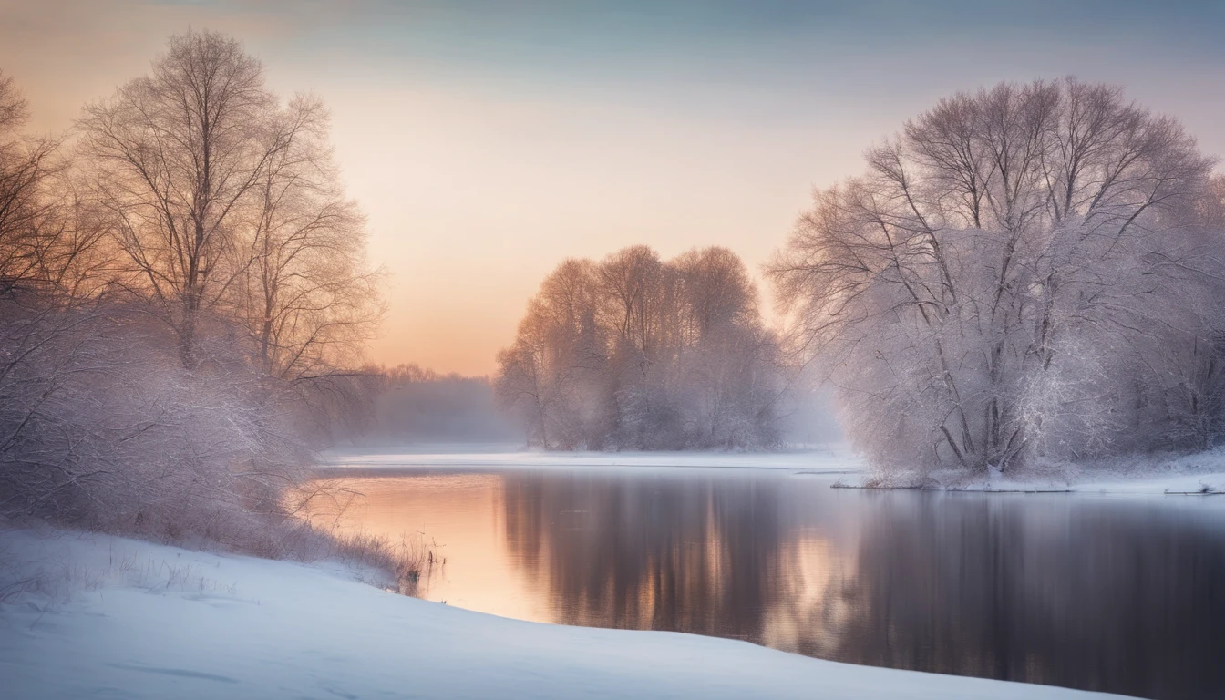 A serene winter landscape background with snow-covered trees and a frozen lake, reflecting the soft pastel colors of the sunset.