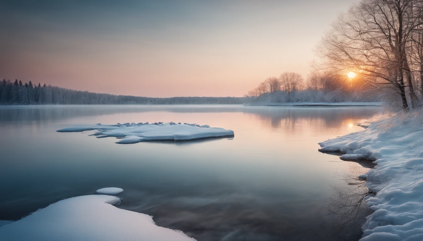 A serene winter landscape background with snow-covered trees and a frozen lake, reflecting the soft pastel colors of the sunset.