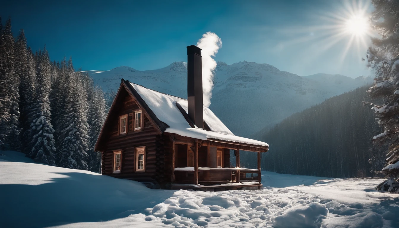 A cozy and inviting cabin in a winter forest, with smoke rising from the chimney against a backdrop of snowy mountains and a clear blue sky.