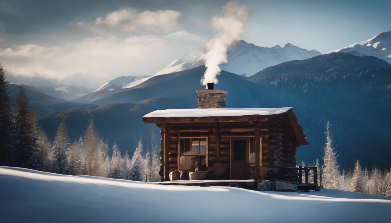 A cozy and inviting cabin in a winter forest, with smoke rising from the chimney against a backdrop of snowy mountains and a clear blue sky.