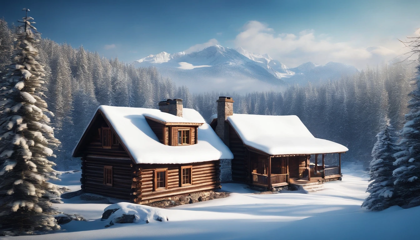 A cozy and inviting cabin in a winter forest, with smoke rising from the chimney against a backdrop of snowy mountains and a clear blue sky.