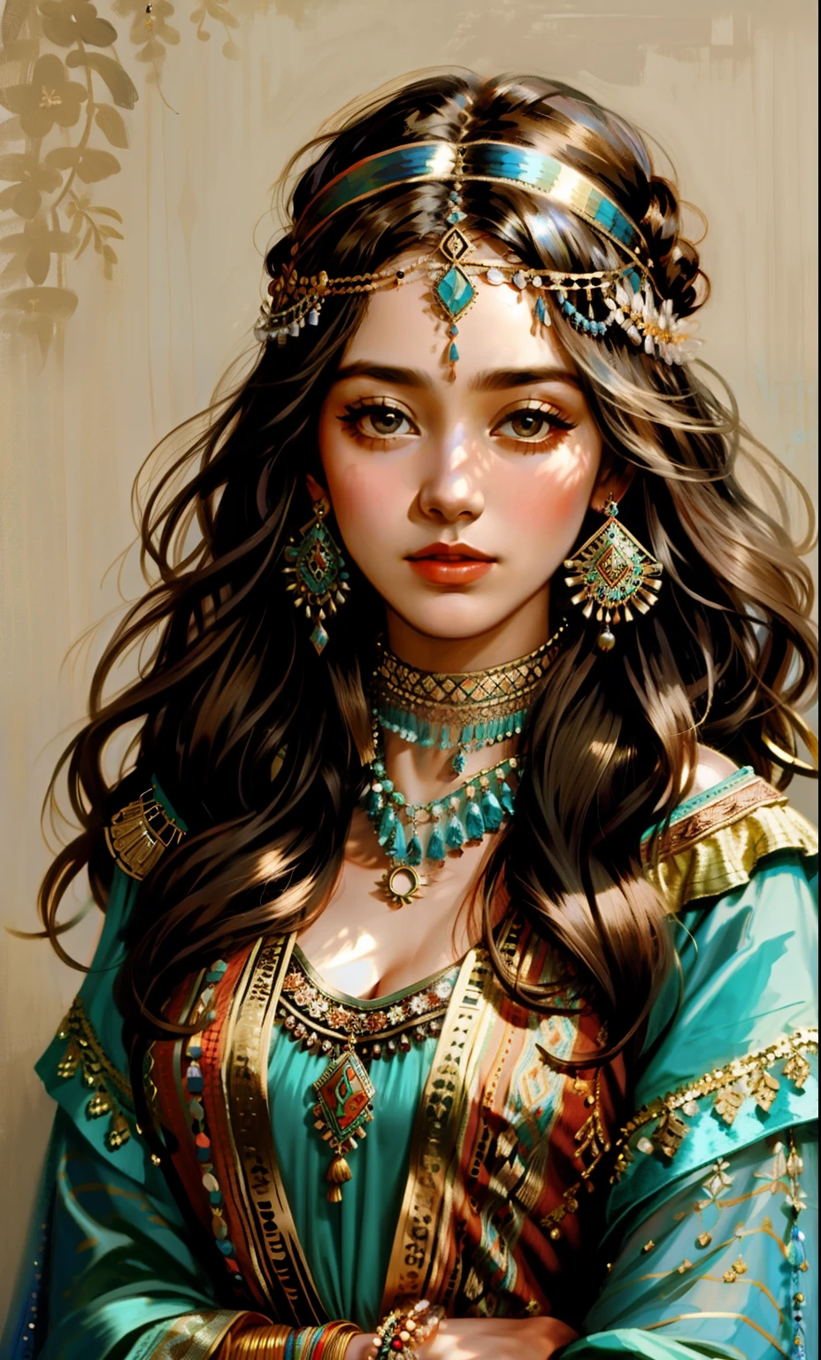 A woman with a headband, lovely bohemian princess, cocar de joias, Bohemian style, bohemian fashion, bohemian, Uma jovem mulher como Genghis Khan, cocar, headpiece ornamentado | |, boho - chique, head piece, Boho Chique, mulher linda, cocar cromado intrincado, Directed by: Maria Bashkirtseff