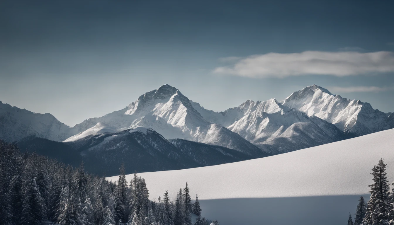 A dramatic snowy mountain range, with tall peaks and deep valleys, against a crisp and clear winter sky.