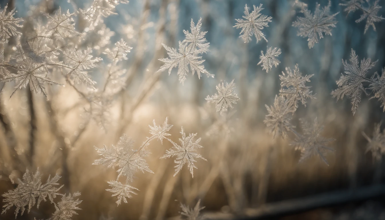 A close-up shot of delicate frost patterns on a windowpane, with soft morning light filtering through, creating a magical and ethereal scene.