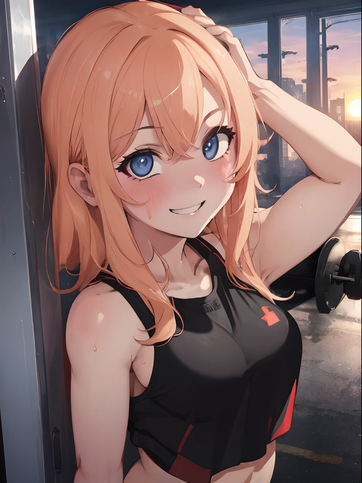 A cityscape lined with multi-tenant buildings,Fire trucks are parked in the vicinity,Dressed as a firefighter,Black tank top under a firefighting suit,Blonde hair with peach inner color,blue eyess,Sunset sky,Training with a pleasant face,Training with a smile while sweating,Strength training,abdominals,squatt,Push-ups,Full Dash,red tide,A smile,AHE Face,A face full of pleasure,
