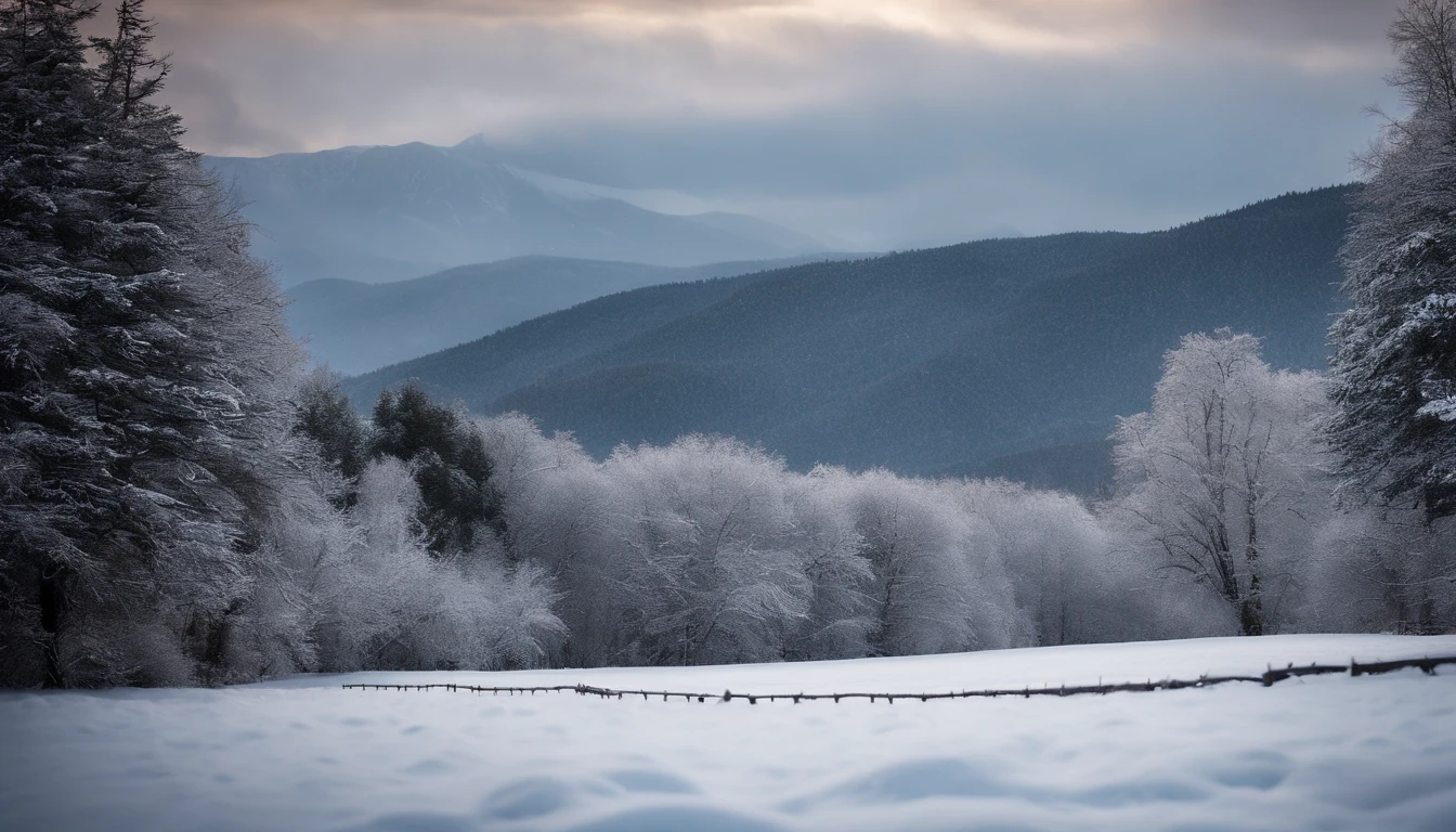 A winter wonderland scene with a blanket of freshly fallen snow covering a field, with trees and mountains in the distance, creating a serene and peaceful atmosphere.
