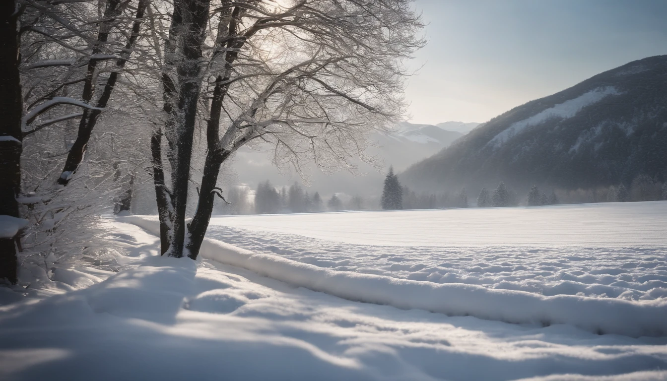 A winter wonderland scene with a blanket of freshly fallen snow covering a field, with trees and mountains in the distance, creating a serene and peaceful atmosphere.
