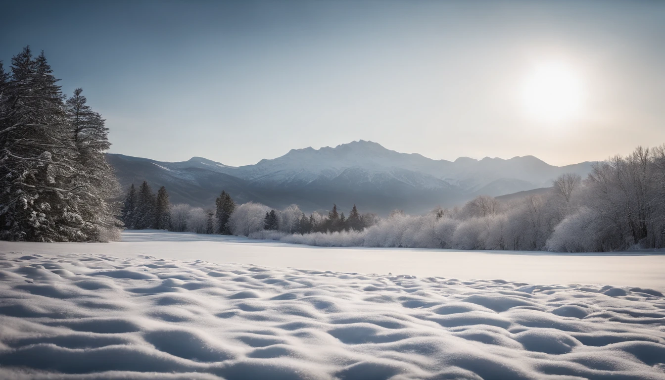 A winter wonderland scene with a blanket of freshly fallen snow covering a field, with trees and mountains in the distance, creating a serene and peaceful atmosphere.