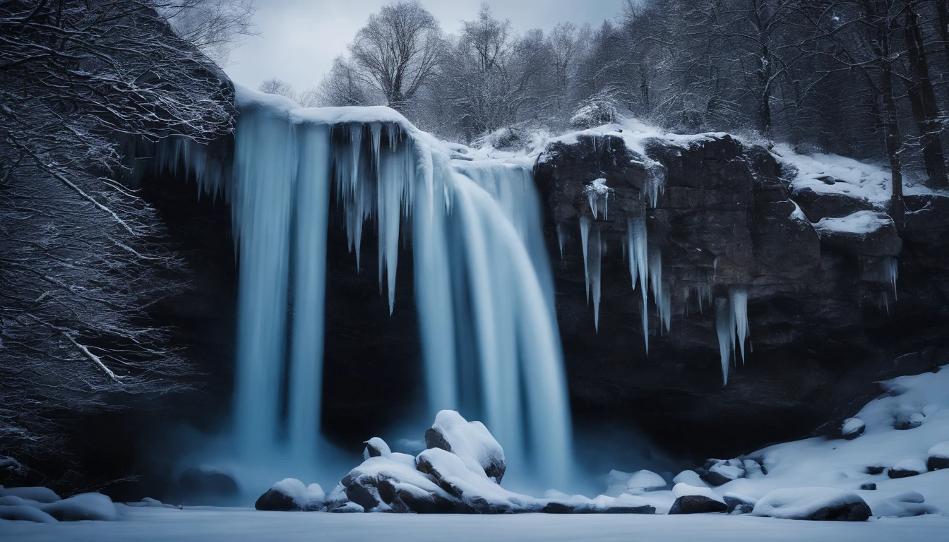 A frozen waterfall, with icicles hanging from the rocks, surrounded by a snowy landscape, capturing the beauty and stillness of winter.