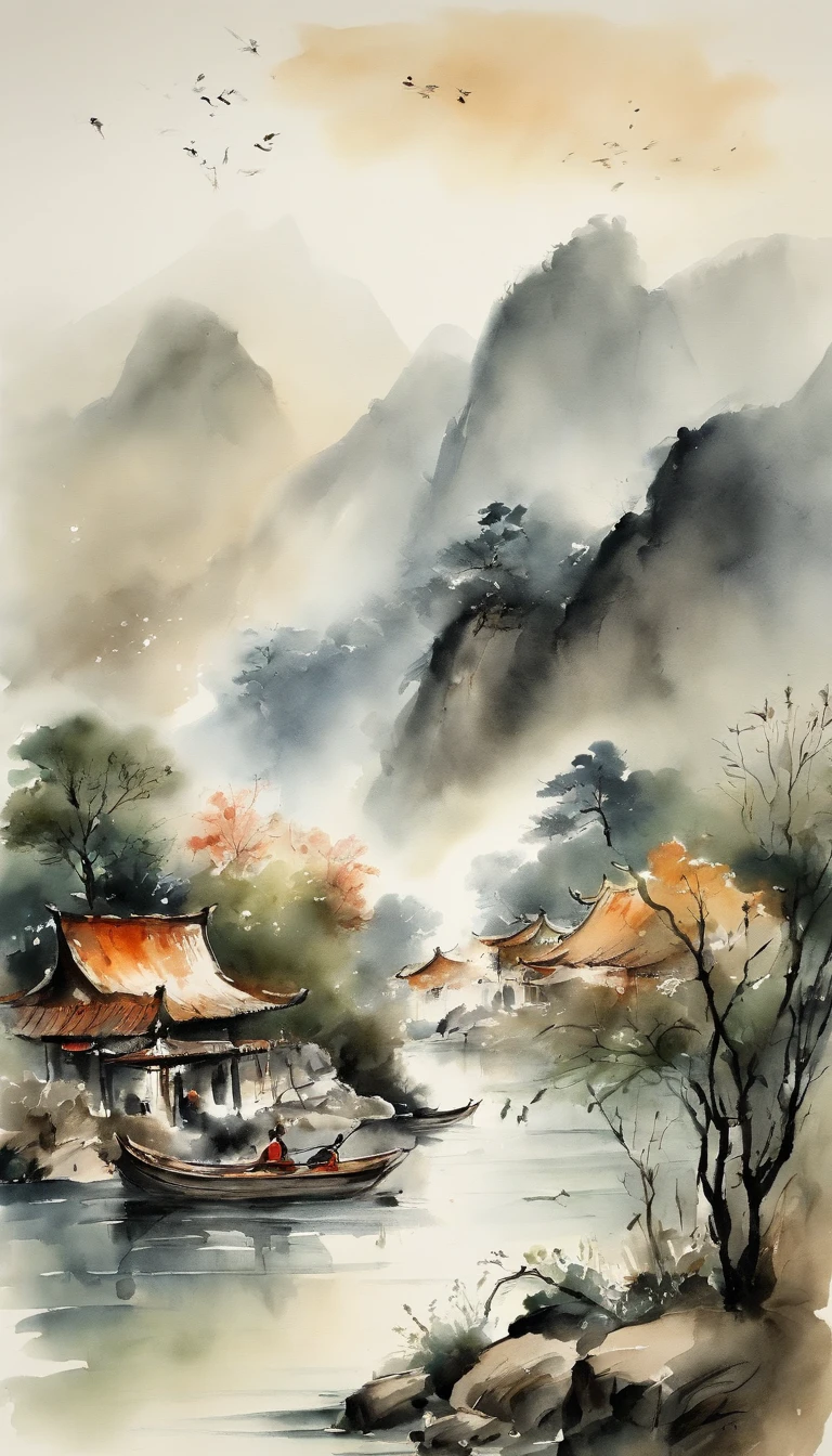 Chinese landscape painting,ink and watercolor painting,water ink,ink,Smudge,Faraway view,Ultra-wide viewing angle,Meticulous,Fishing boat vistas,Meticulous,Smudge,low-saturation,Low contrast,Beautifully depicted,A detailed,acurate,Works of masters,tmasterpiece