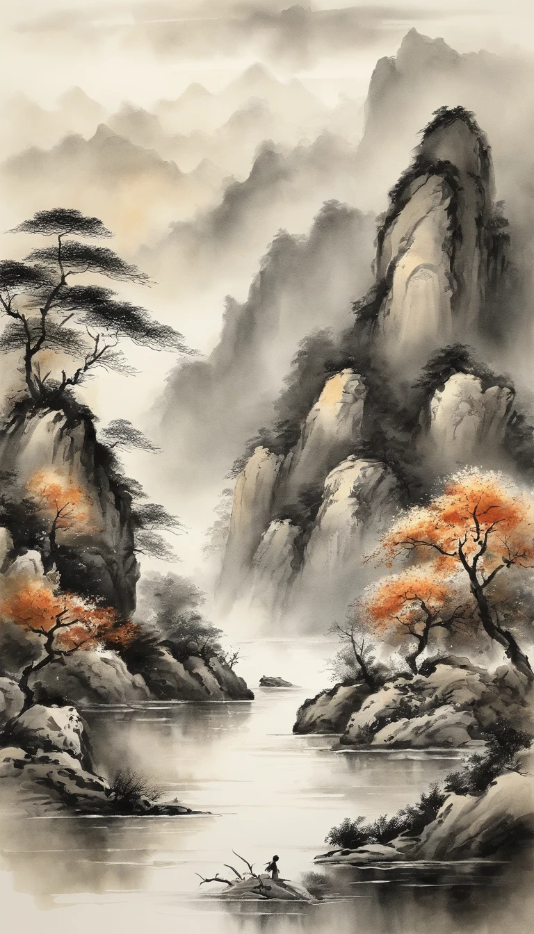 Chinese landscape painting,ink and watercolor painting,water ink,ink,Smudge,Faraway view,Ultra-wide viewing angle,Meticulous,Fishing boat vistas,Meticulous,Smudge,low-saturation,Low contrast,Beautifully depicted,A detailed,acurate,Works of masters,tmasterpiece
