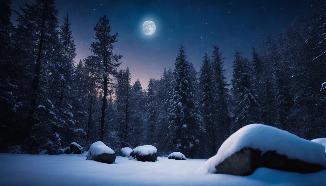 A starry night sky above a snowy forest, with the moon casting a soft glow on the ground, creating a mystical and enchanting winter scene.