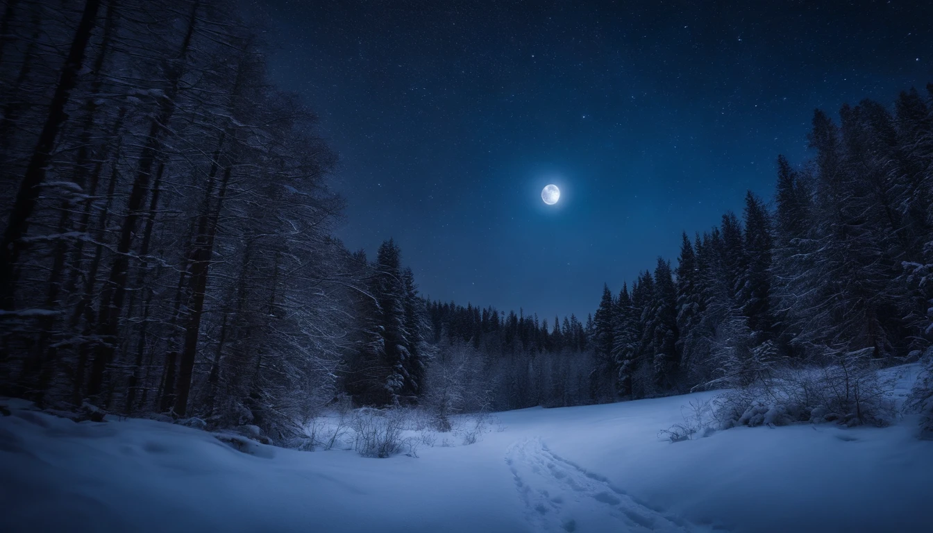A starry night sky above a snowy forest, with the moon casting a soft glow on the ground, creating a mystical and enchanting winter scene.