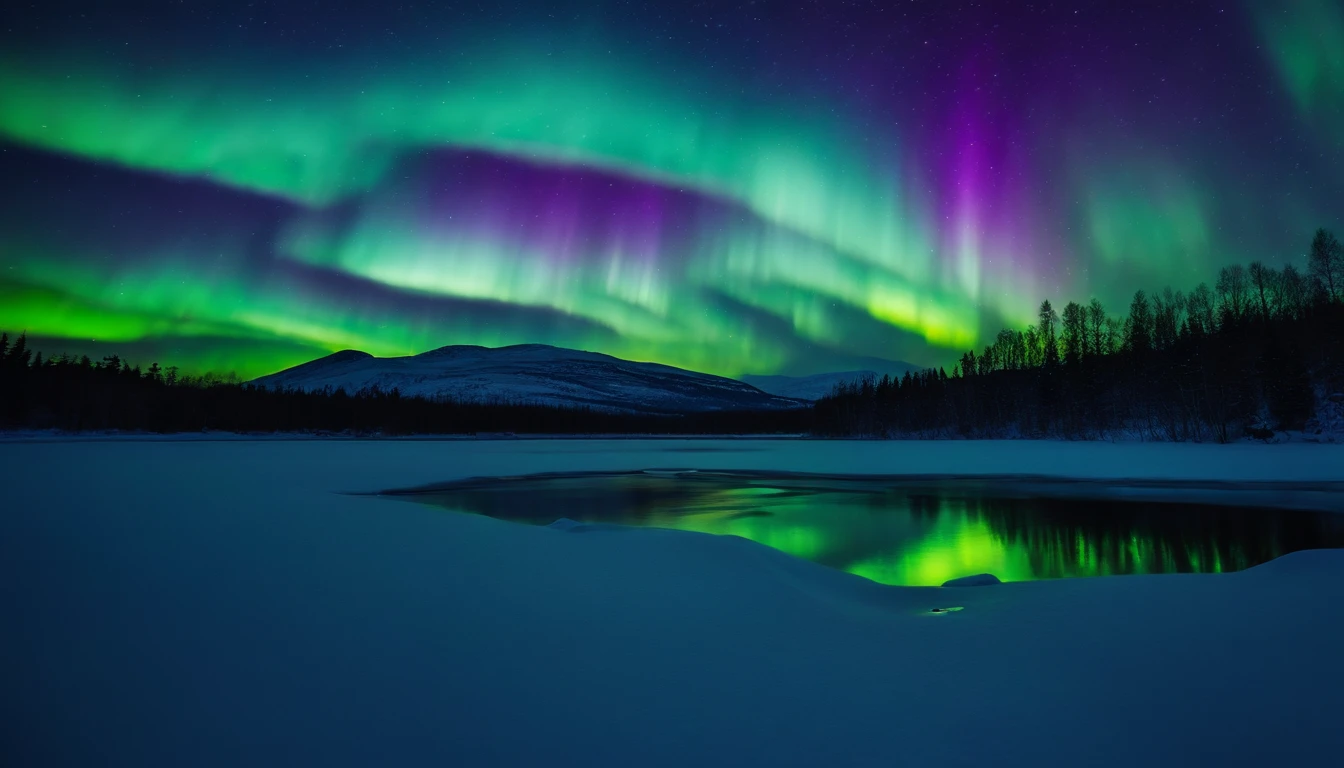 A bold and vibrant aurora borealis dancing across the sky, illuminating a snowy landscape with vibrant hues of green, blue, and purple.