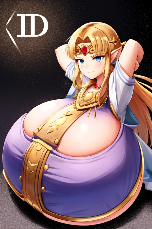 zelda-albw, 1girl, solo, looking at viewer, blush, sitting, on bed, seductive smile, dress, tiara, jewelry, bracer, bead necklace, wariza, bent over, head tilt, (gigantic breasts:1.6),(small waist:0.8),(holding breasts:1),(under boob:1), panic, (ripping shirt across bust:1.2), (arms crossed under bust:1.8)