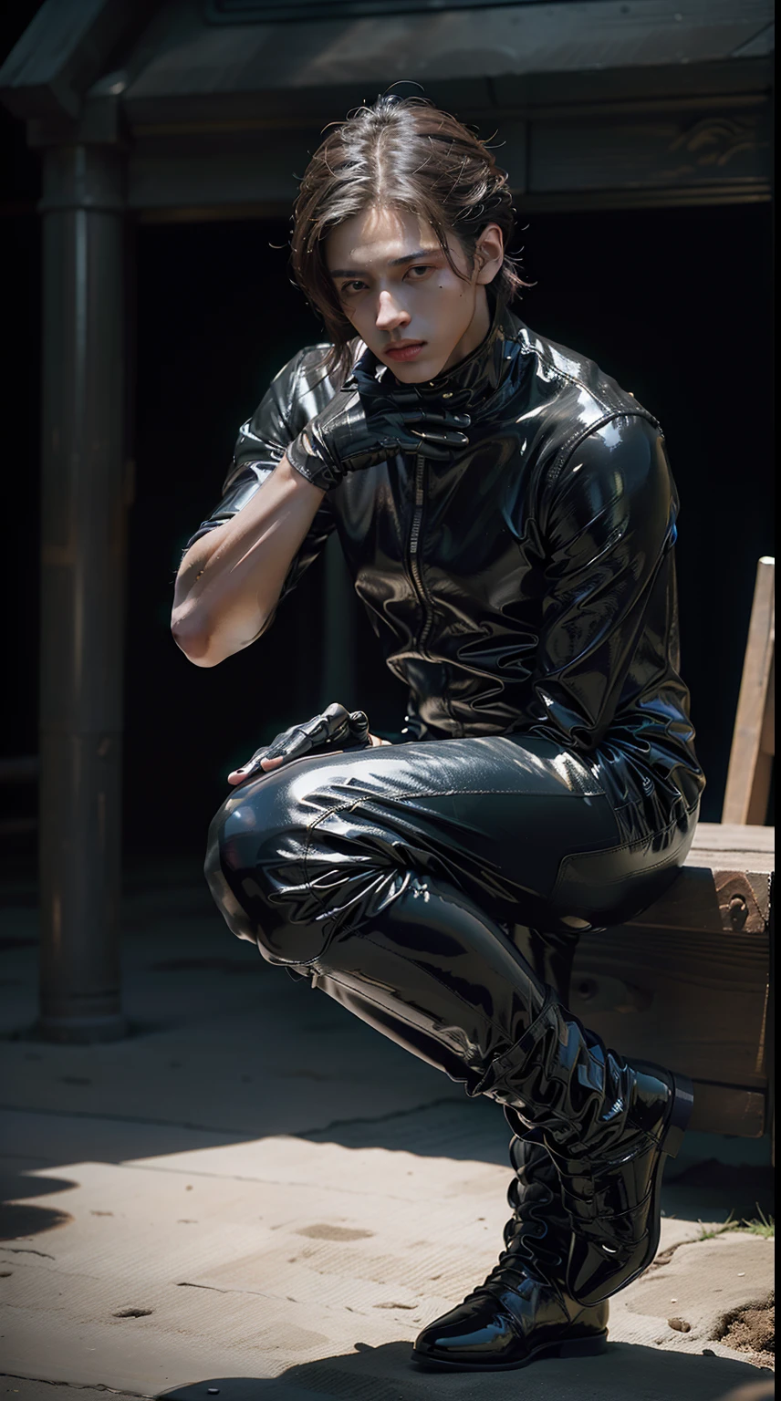 American man, （mtu）((latex  bodysuit, )) ，（(full body photo shot,)) The upper part of the body, (chest muscle，Handsome,), (((超详细信息, Ultra photo realsisim))),((Over-the-knee military boots))，((latex glove))