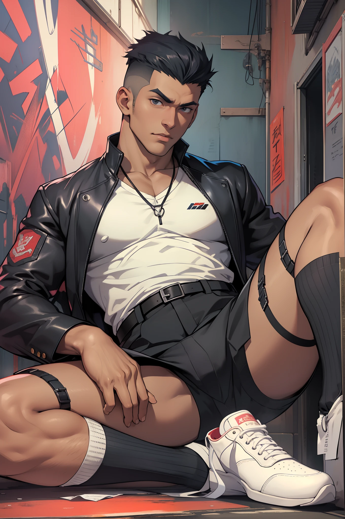 Highest image quality，male people，1 boy，Young and handsome，shoun，Short flat top hair，Dark  skin，anime，anime wallpaper，Solo，malefocus，Briefs，Dilation of the pectoral muscles，Bulging crotch，Urban background，spread their legs，Sexy,(Masterpiece, Best quality),Business socks，leather shoes,((garter))，CG sense，Dark atmosphere，8K,Cinematic lighting effects