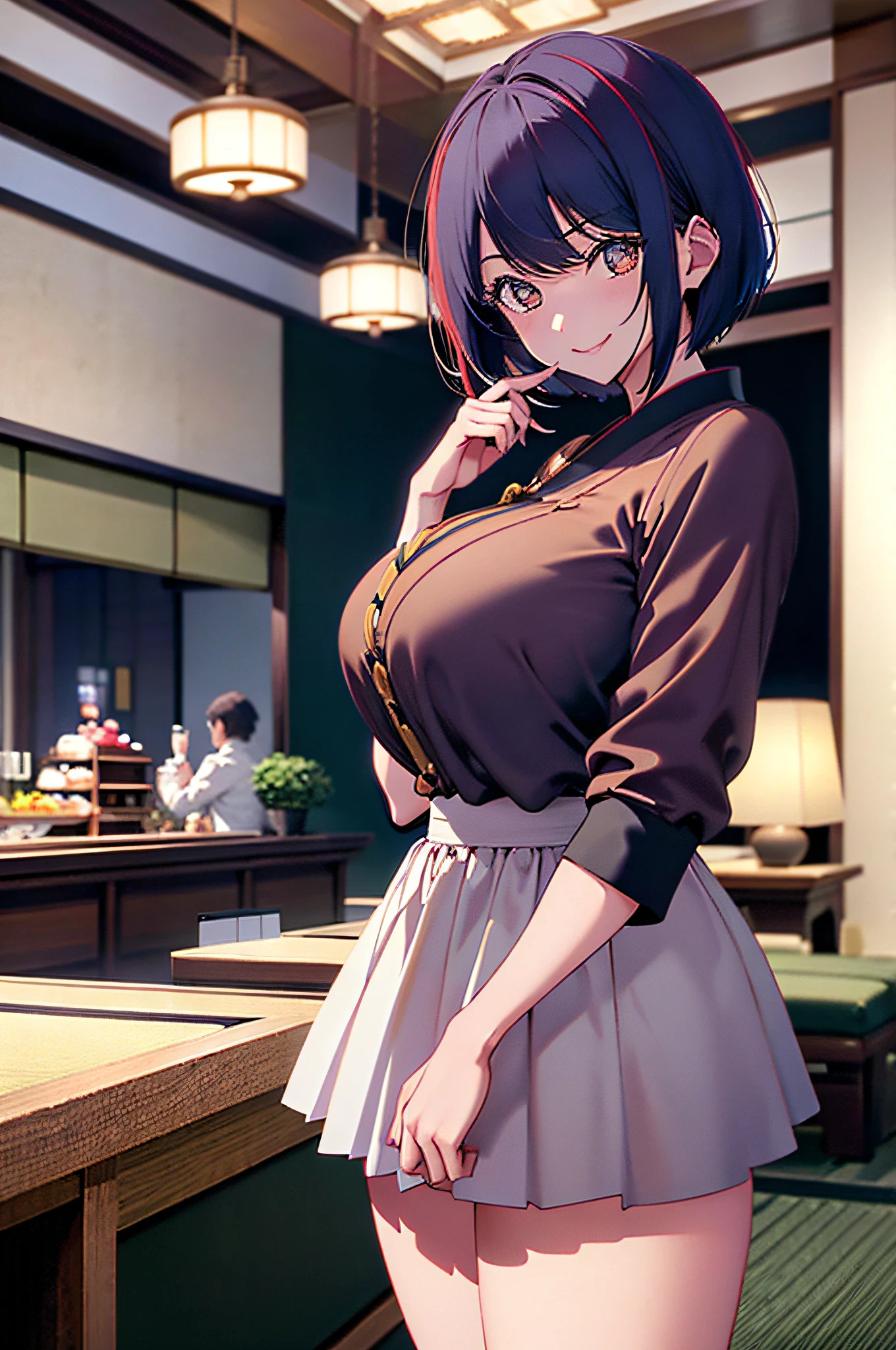 1 Beautiful Japan Woman, Mature, Detail Eyes, 二重まぶた, Brown eyes, Huge breasts, Peter Pan-colored blouse and flared skirt, Charming smile, Bob Cut Hair, Hotel Lobby, thighs thighs thighs thighs, Front view, Perfect Anatomy, Best Quality, Ultra High Resolution, masutepiece, Photorealistic:1.3