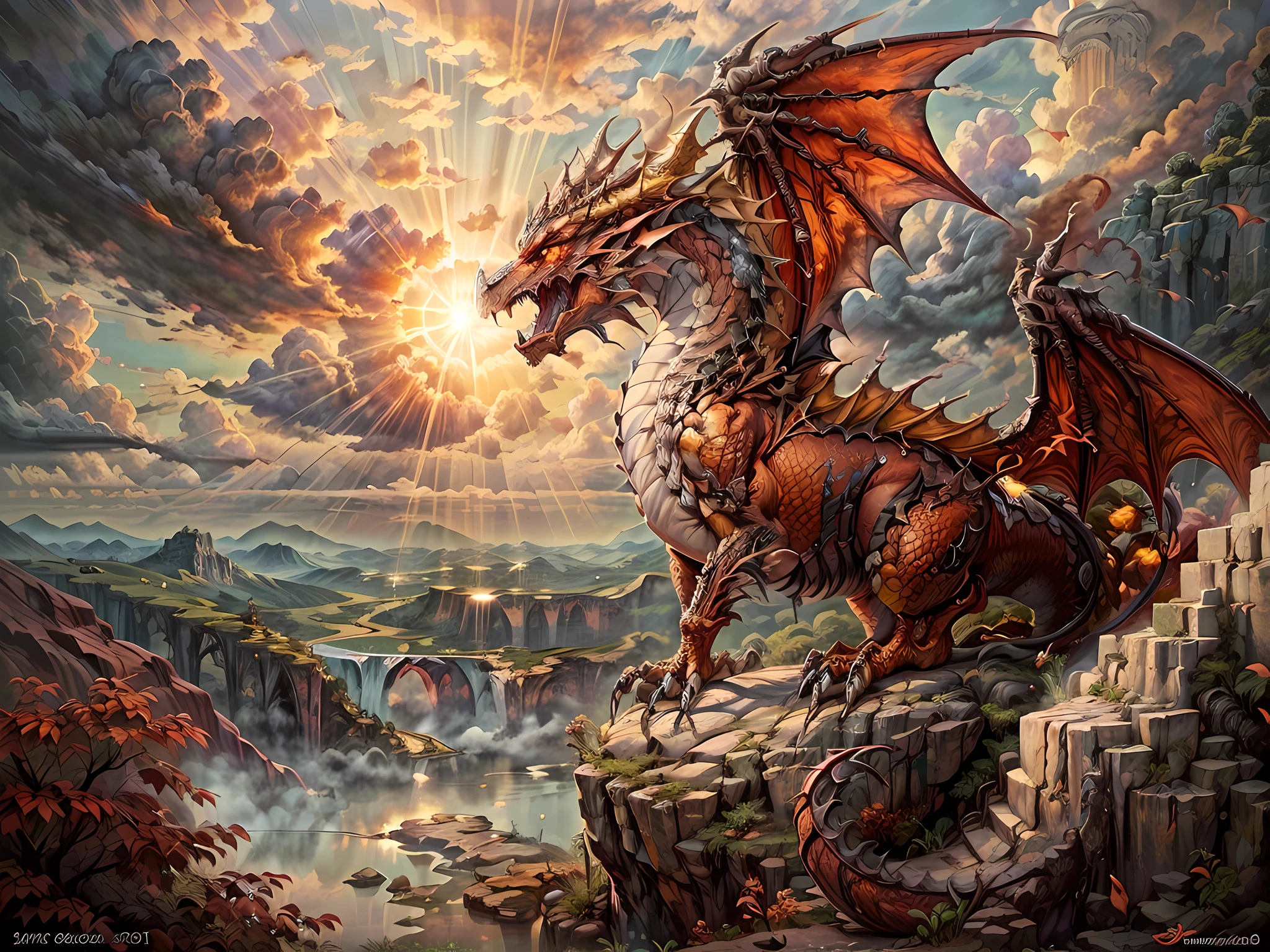 a picture of a red dragon sitting on a massive rock , holding a tea cup (drinking hot tea from a porcelain tea cup: 1.5) (best details, Masterpiece, best quality :1.5), dragon_real cloudy skies background, an epic red dragon (best details, Masterpiece, best quality :1.5) extremely detailed dragon,  horns, dragon_wings, dragon wings wide spread, ultra detailed face,  birds view, sun rays, red divine rays, sun rays reflected in clouds (best details, Masterpiece, best quality :1.5), sense of serenity sense of awe majestic atmosphere, ultra best realistic, best details, best quality, 16k, [ultra detailed], masterpiece, best quality, (extremely detailed), ultra wide shot, photorealism, depth of field, hyper realistic painting,