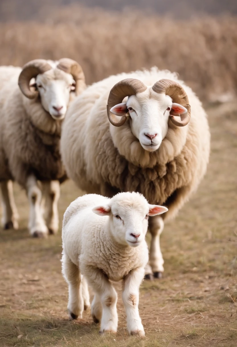 white sheep walking behind a light brown ram