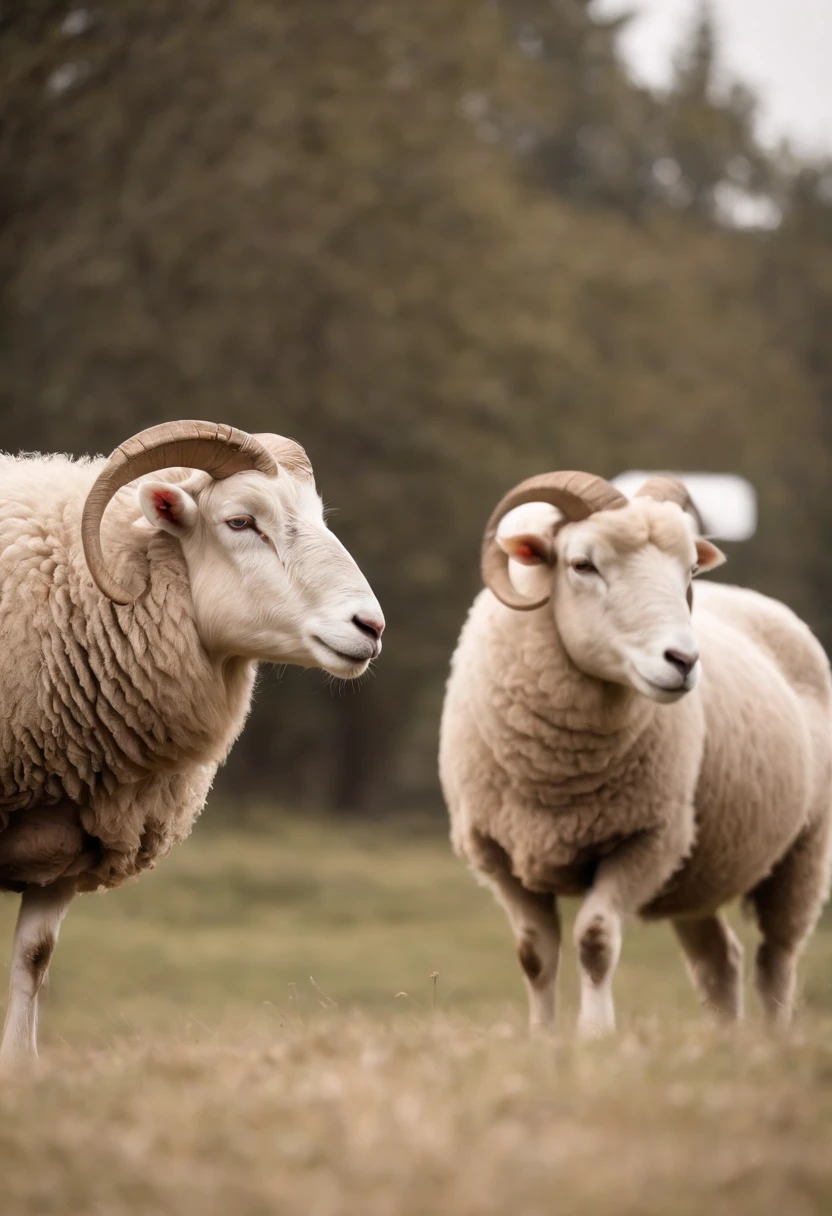 white sheep walking behind a light brown ram