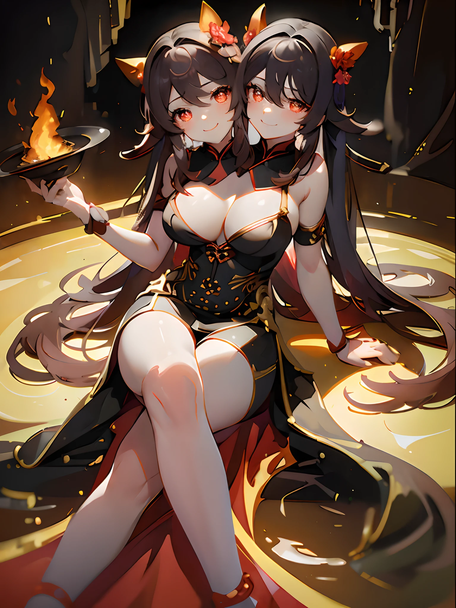 (masterpiece, best quality), best resolution, (2heads:1.5), 1girl, hu tao character, brown hair, brown eyes, relaxed, smug, smile, head resting in hand, dress made of fire, flame pattern dress, sitting in a volcanic cave, lava, volcano cave, volcanic chamber, close-up