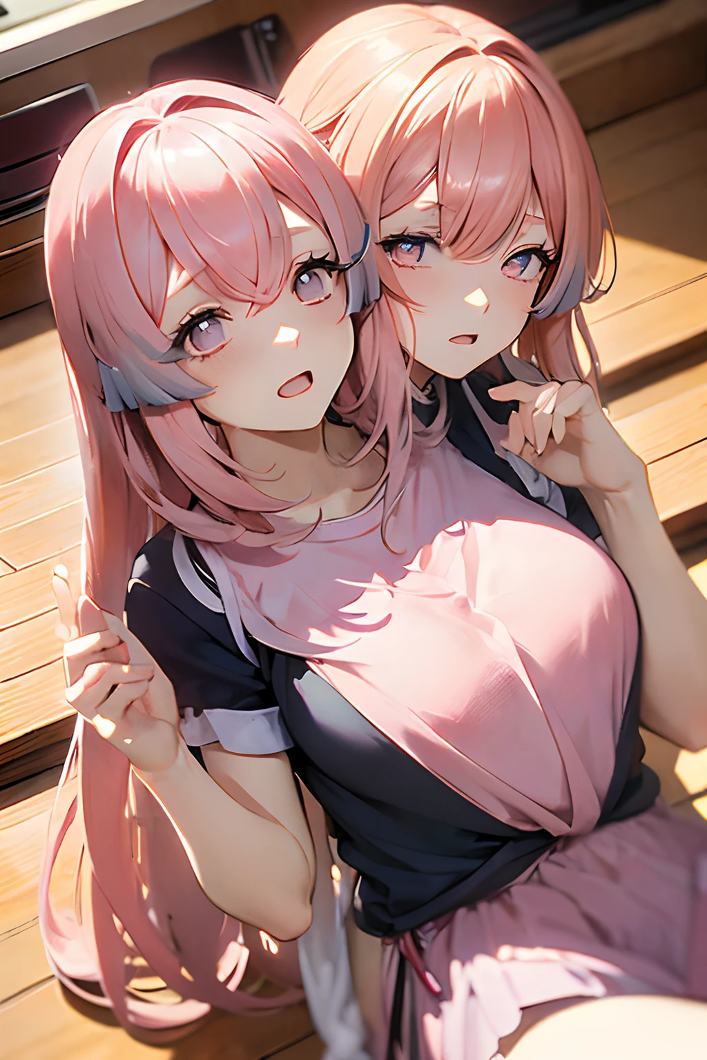 Pink Hair, Low twin tails, There is a mole on the right breast,