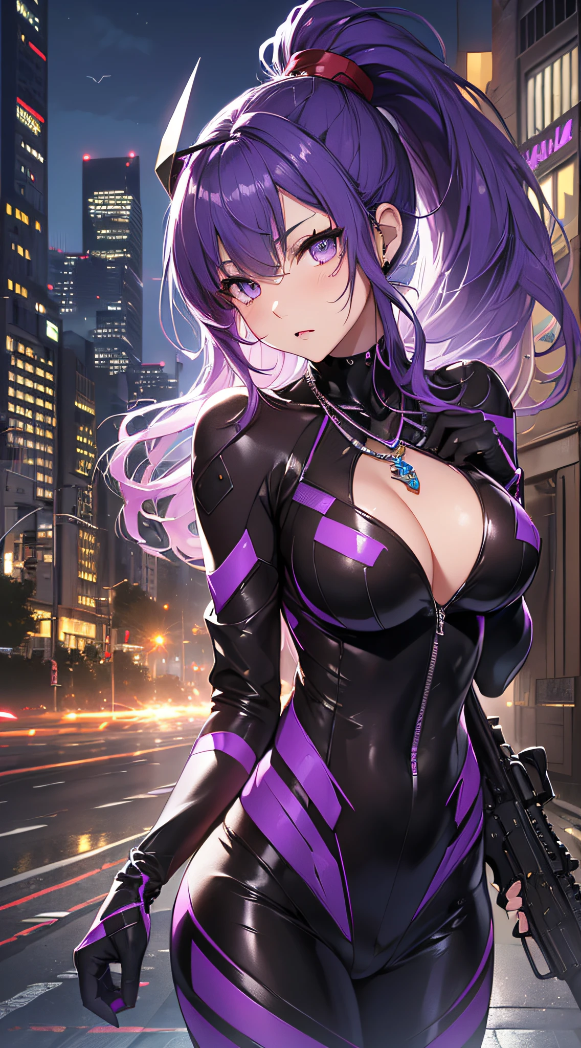 top-quality、Top image quality、masterpiece、girl with((18year old、Best Bust、big bast,Beautiful purple eyes、Breasts wide open, Purple ponytail、A slender、Large valleys、Purple Open Chest Rider Suit,Red high heels、Reflecting the whole body、Purple Necklace、Red face、Slippery texture、up chest、head phone,Holding an assault rifle in both hands))hiquality、Beautiful Art、Background with((A city that shines at night)))、Depth((Mass Flying Drones)),masutepiece、visualart、depth of fields、