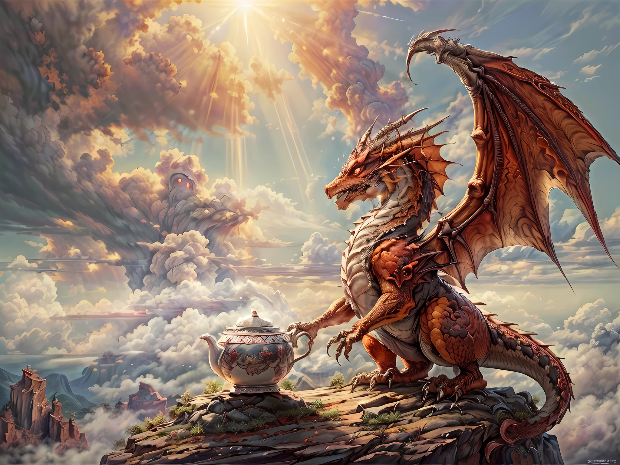 a picture of a red dragon sitting on a massive rock , (holding a tea cup: 1.4) (drinking hot tea from a porcelain tea cup: 1.5) (best details, Masterpiece, best quality :1.5), dragon_real cloudy skies background, an epic red dragon (best details, Masterpiece, best quality :1.5) extremely detailed dragon,  horns, dragon_wings, dragon wings wide spread, ultra detailed face,  birds view, sun rays, red divine rays, sun rays reflected in clouds (best details, Masterpiece, best quality :1.5), sense of serenity sense of awe majestic atmosphere, ultra best realistic, best details, best quality, 16k, [ultra detailed], masterpiece, best quality, (extremely detailed), ultra wide shot, photorealism, depth of field, hyper realistic painting,