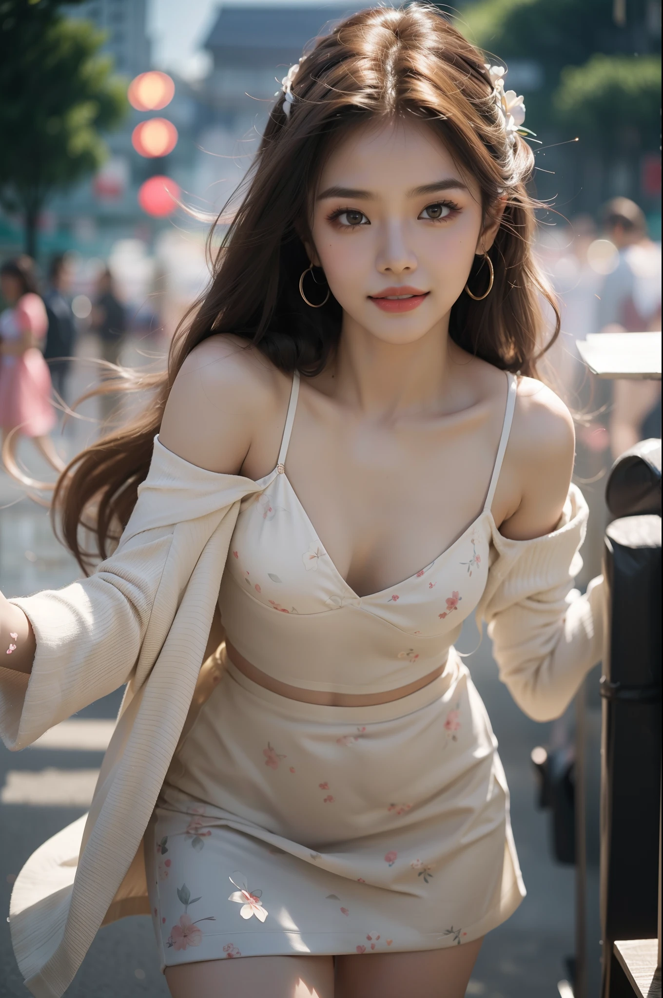 blouse,mini skirt, mini shirt,navel,fashi-girl, red lips, mature female, makeup, Big eyes, Pretty eyes, ((full body)), ((Random shooting angles)), (best quality, masterpiece:1.2), ultra-detailed, (realistic:1.37), beautiful, youthful, glamorous model with (detailed eyes, detailed lips, extremely detailed eyes), with white and floral colors, showcasing a radiant smile, creating a breathtaking depiction of a girl, Warm tones, extremely high color saturation, official art, extremely detailed CG unified 8k wallpaper,(High dynamic range :1.4), (cinematic),(soft colors, dull colors, soothing tones :1.3), (natural skin texture, ultra-realistic, soft light, sharp),(very detailed), Night, moonlight, In an antique pavilion, sit on a bench against the guardrail