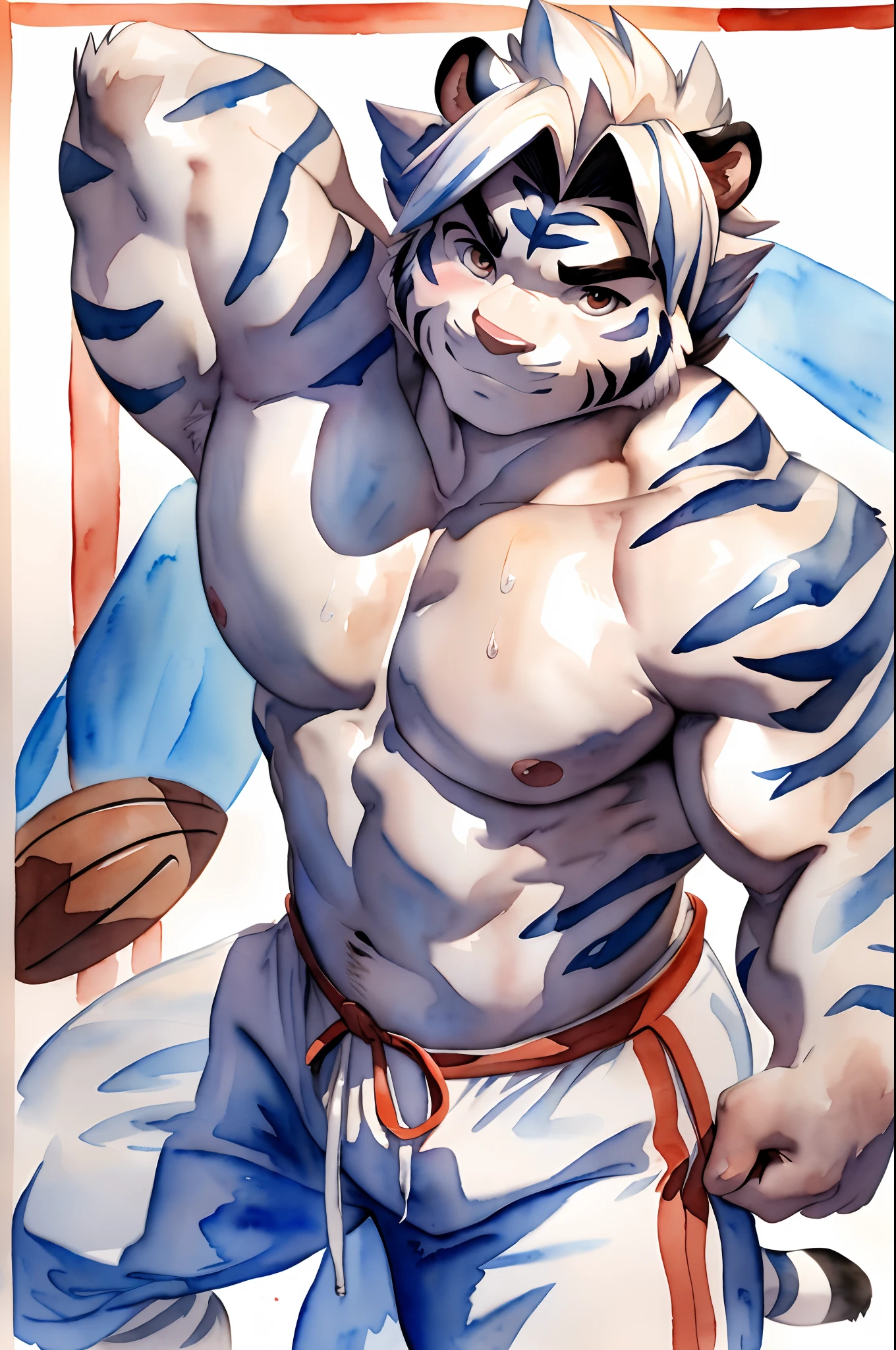 Hominidae, Pose for Camera. 4K, high resolution, Best quality, posted on e621, (An anthropomorphic white tiger:1.2), Anthropomorphic white tiger, male people, 20yr old, Thick eyebrows, Light blue stripes, Ultra-short hair, shaggy, Strong body, large pecs, ((Shirtless)), He is practicing taekwondo, Pink milk clusters, sweat leggs, White leggings sweatpants, Small raised, In the gym, 独奏, (sport, Muscular, Heavyweight:1.2), Correct anatomy, (White background, Watercolor background:1.1), (by Chunie, author:Taran Fidler:0.8), (Detailed eyes:1.2), Sexy, (cel-shaded:1.2), cartoon shading, (aquarelle:1.2), serious expressions, Be red in the face, (view the viewer:1.2)
