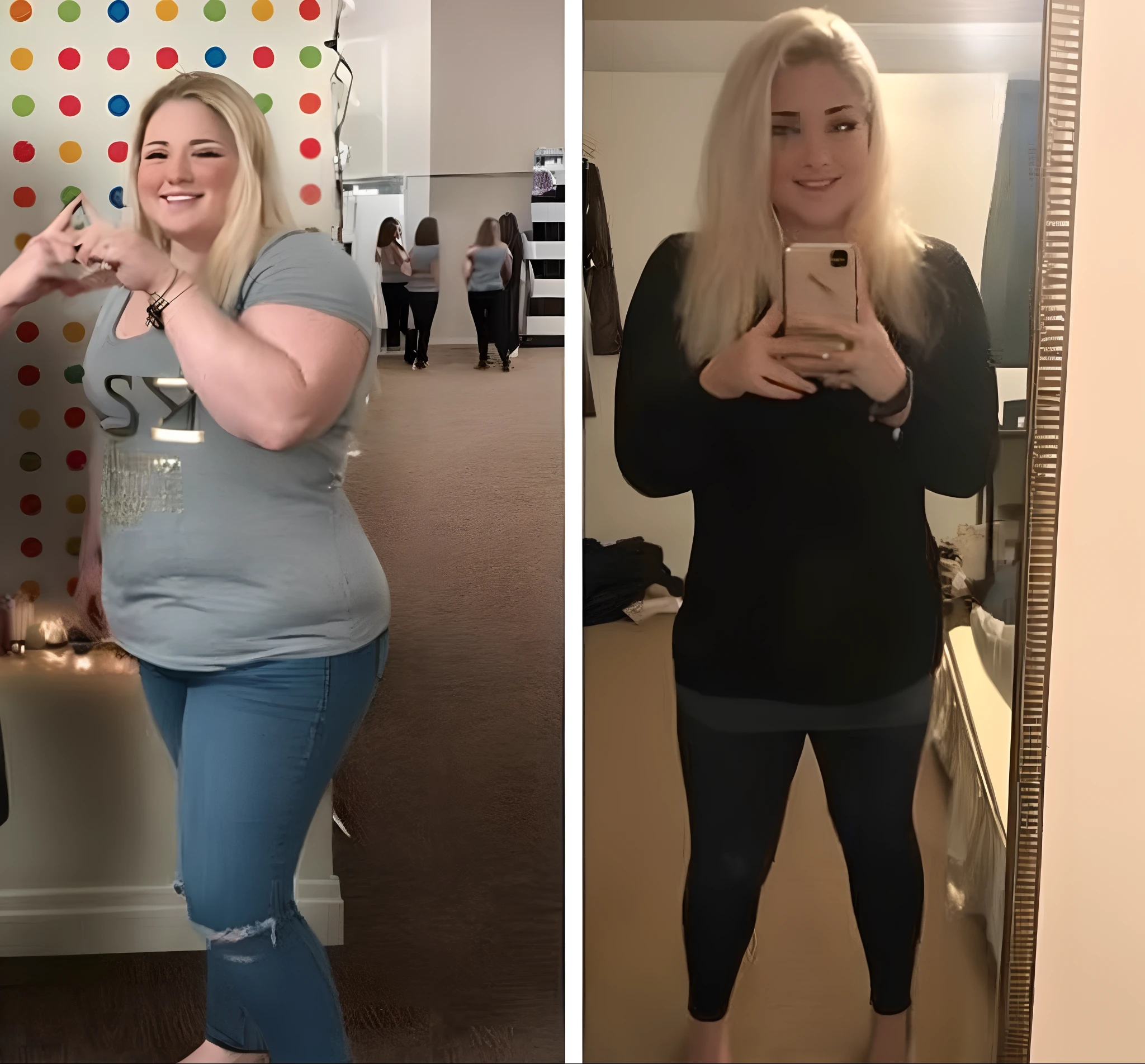 two pictures of a woman who is standing in front of a mirror, by Kristin Nelson, mid-transformation, skinny waist and thick hips, kimberly asstyn, by Meredith Dillman, before and after, jenna barton, she is about 30 years old, she is about 3 0 years old, katey truhn, by Lisa Milroy, by Matthew Smith
