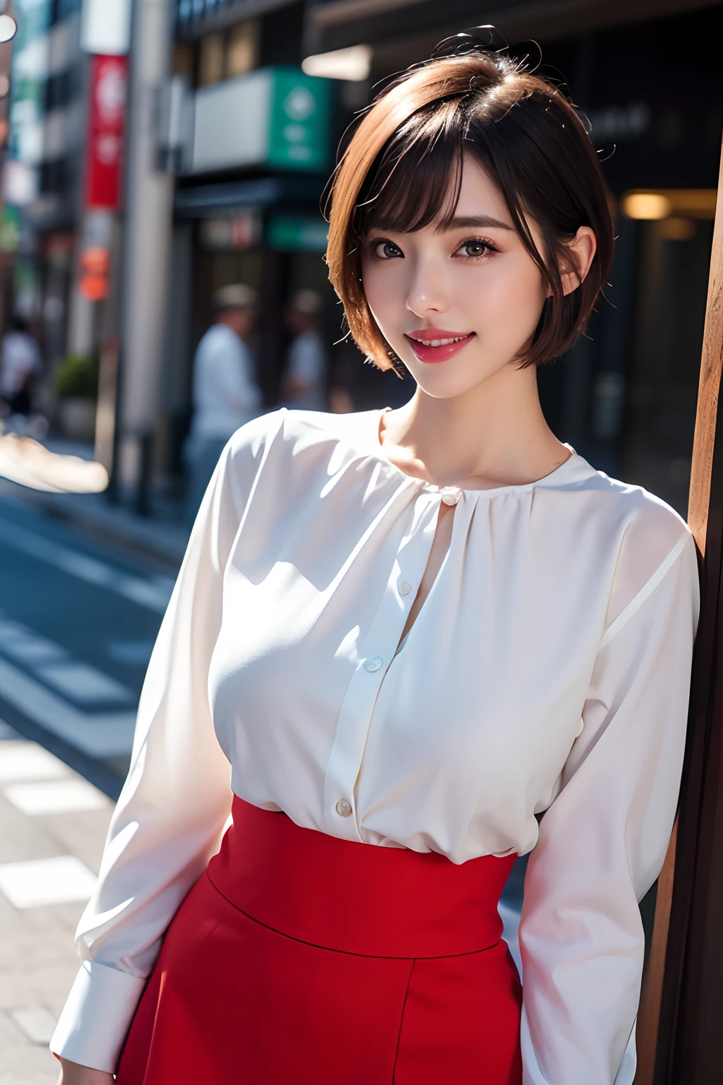 soft light, (((Short hair:1.3), Short Length Bangs, floating hair NovaFrogStyle)), ((The Most Beautiful Married Woman from Japan)), 50 generations, A detailed eye, (Big Eye:1.3), detailed lips, Extremely detailed eyes and face, beautiful detailed nose, beautiful detail eyes, long eyelashes, Light on the face, (cparted lips:1.2), (Beautiful white teeth:1.3), mature face, ((big full breasts)), realistic face, realistic body, Beautiful detailed hips, (Red blouse:1.3)、(Skinny red micro miniskirt:1.4)、thights, thights, thights, thights、(Cowboy shot:1.3), ((Depth of field))、Background from:((Ginza City, Tokyo Prefecture))、(RAW photo, Best Quality), (Realistic, photorealestic:1.3), masutepiece, extreamly delicate and beautiful, Extremely detailed, NFFSV, unity , 2k wallpaper, Amazing, A subtle detail, Bright smile, Highly detailed wallpapers unity 8K, HugeFileSize, Ultra-detailed, hight resolution, Absurder,