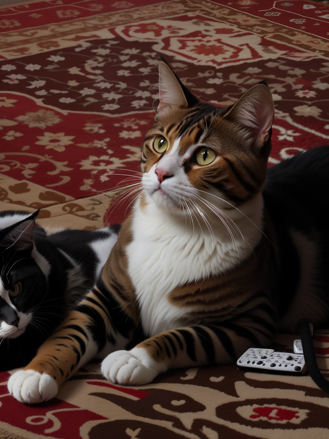 there is a cat that is laying on a rug with a remote, very handsome, markings on his face, cat smoking a cigar, a handsome, with a white nose, very silly looking, photo of a cat, cat photo, buttercup eating pizza, with a white muzzle, cat smoking a cigarette, looking to his left, with narrow nose, extremely handsome