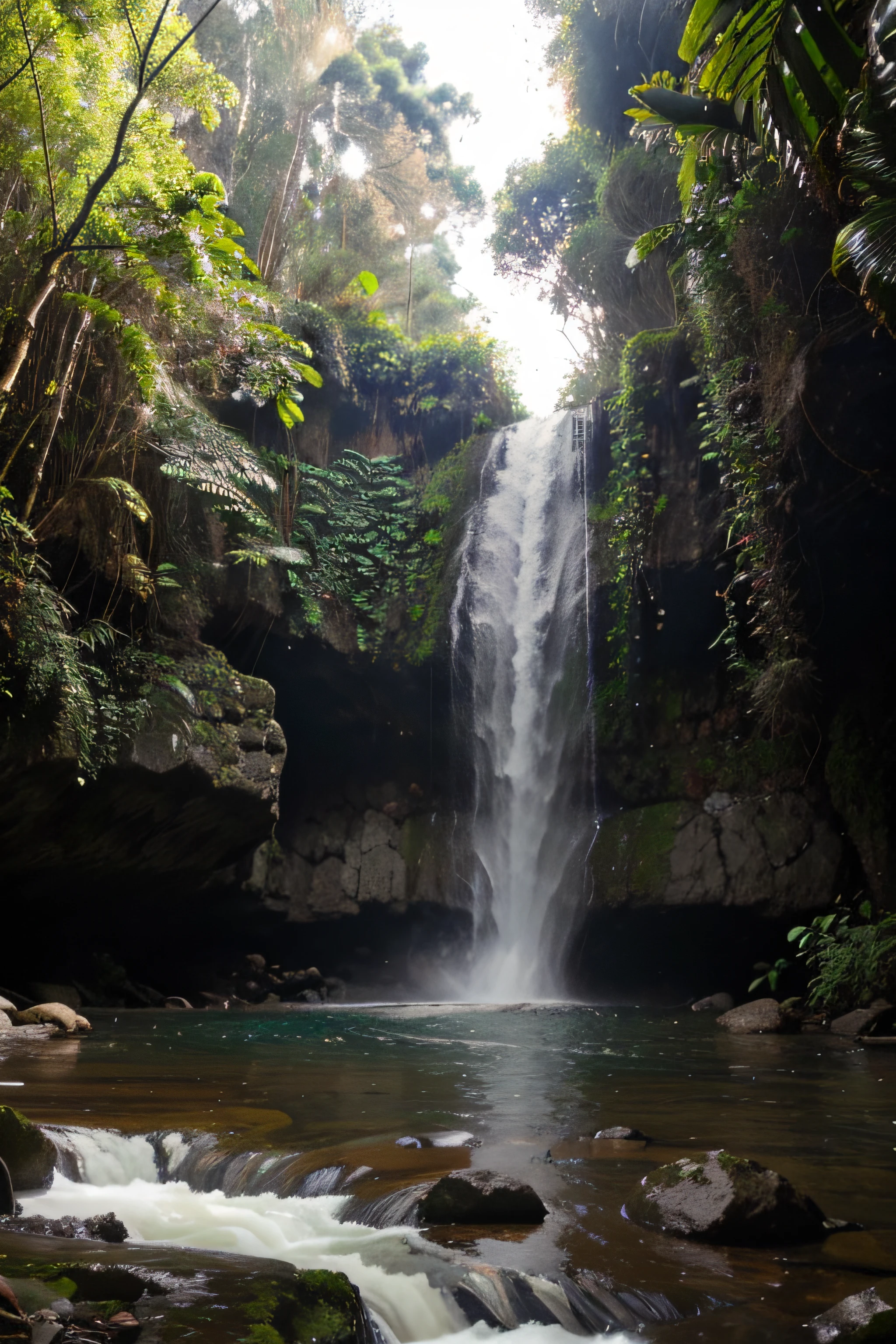 floresta tropical com cachoeira e enfeites natalinos