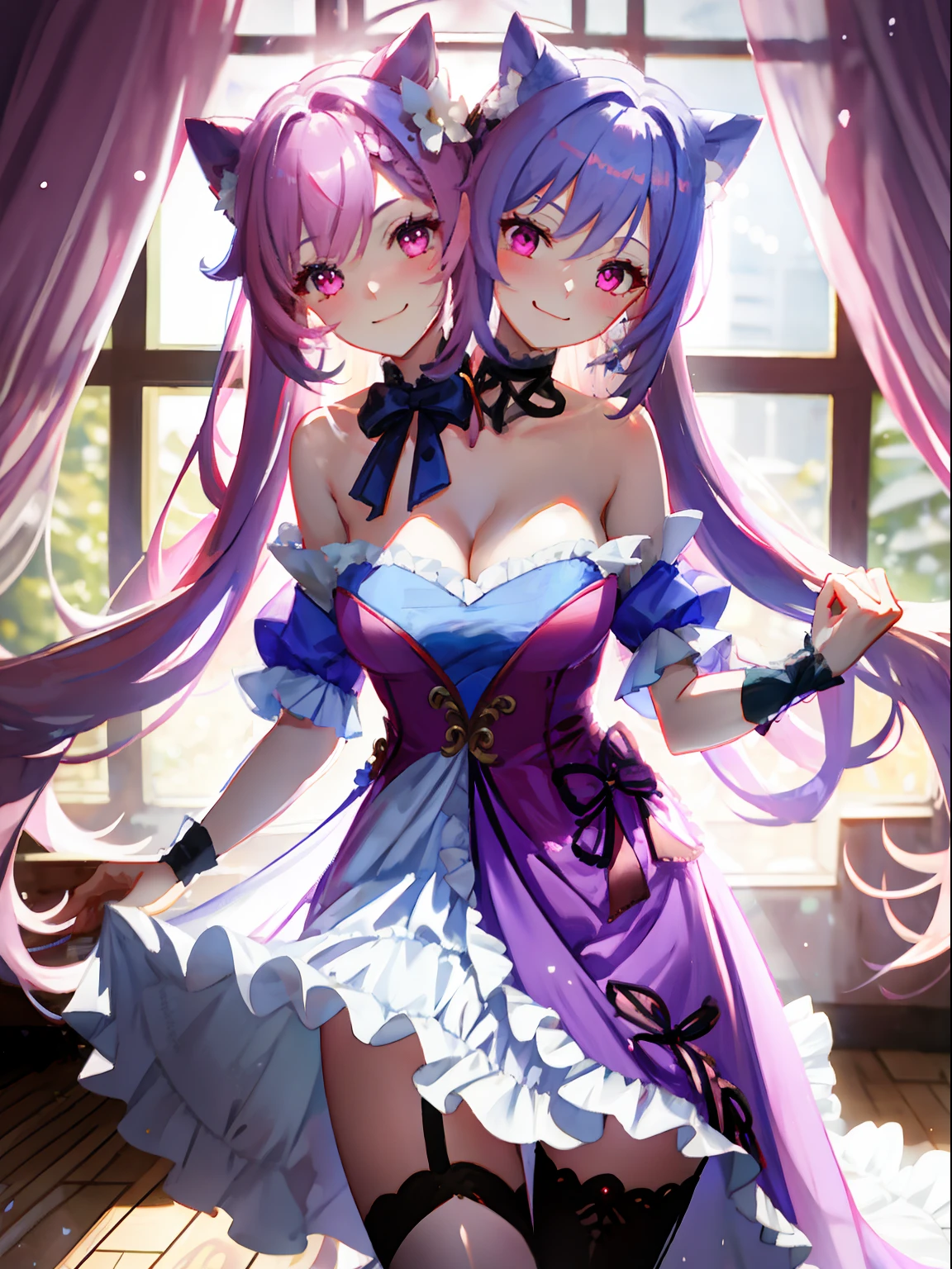 (masterpiece, best quality), best resolution, (2heads:1.5), 1girl, keqing character, catgirl, wide floor-length curtain of pink hair, energetic, blue and white accessories, cat ears, simple dress with purple, pink eyes, smiling, giggling, friendly, girl kissing other girl, inviting, dramatic background