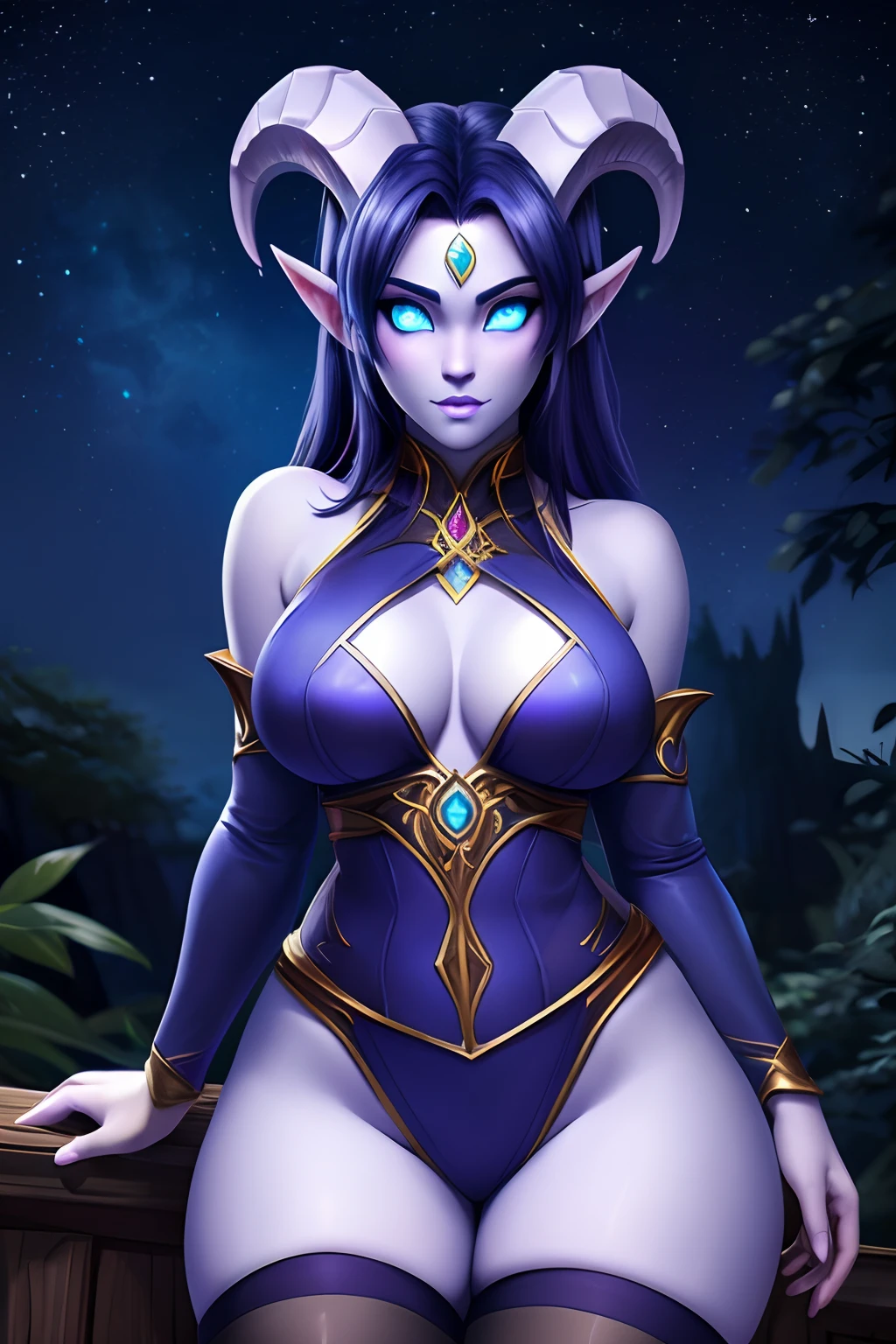 Draenei Girl, World of Warcraft Draenei Girl, Beautiful cute face, Charming, Embarrassed, facing the camera, blue skin, skin color: Blue, Body glare, ((pretty eyes)), Eye color - bright blue glow, Eyes glow, bright pupils, ((Perfect Sexy Figure)), Perfect shapes, big thighs, ((Sophisticated and beautiful), ((Sexy Fantasy Clothing With Stockings)), Sexually seductive stance, Full-length, Background: Twilight Forest and Starry Sky, luna, Depth of field, ((ultra quality)), ((tmasterpiece)), Clear image, crisp details, Realistic, professional photoshoot, Clear Focus, the anime, graphically