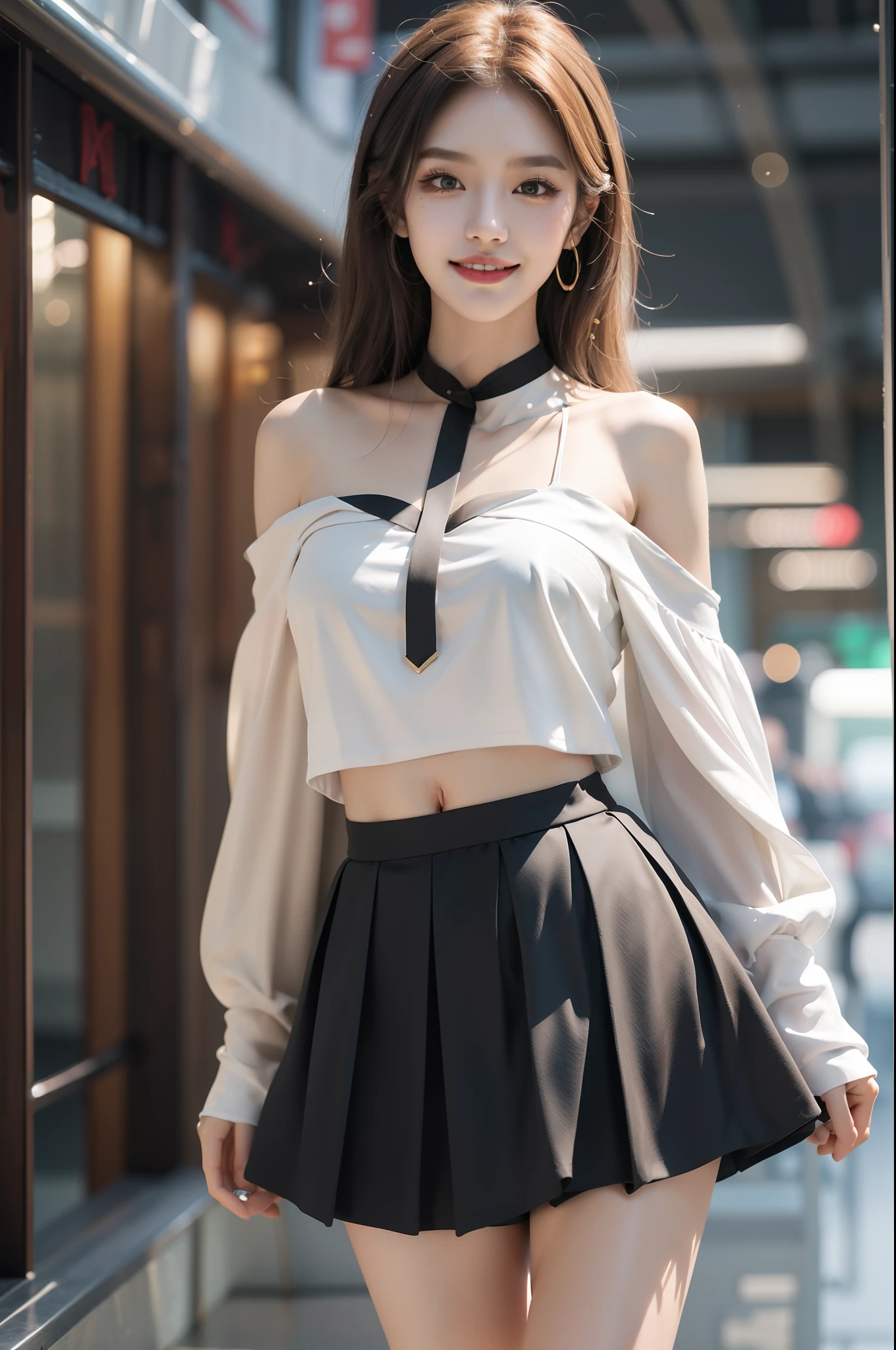 ((knee shot)), Korean school uniform,White color blouse, cropped shoulders, black short skirt, Bright blonde hair,In the hallway, standing on your feet, leaning against the railing, Cross ed leg, posing elegantly, Look into the distance, 8K original photos,A high resolution,20yr old,Korean model,beautiful eyes in detail,long eyelasher,beautiful double eyelid,eye shadows,eyes liner,Elongated eyes,Elongated eyes,Elongated eye shape, Sanbai's eyes,evil grin smile,Evil expression,Beautiful very thin legs,slender leg,Random medium hair,Hair tied behind the head,耳Nipple Ring, Heavy makeup, Gorgeous makeup, ((warm lights, a warm color palette))