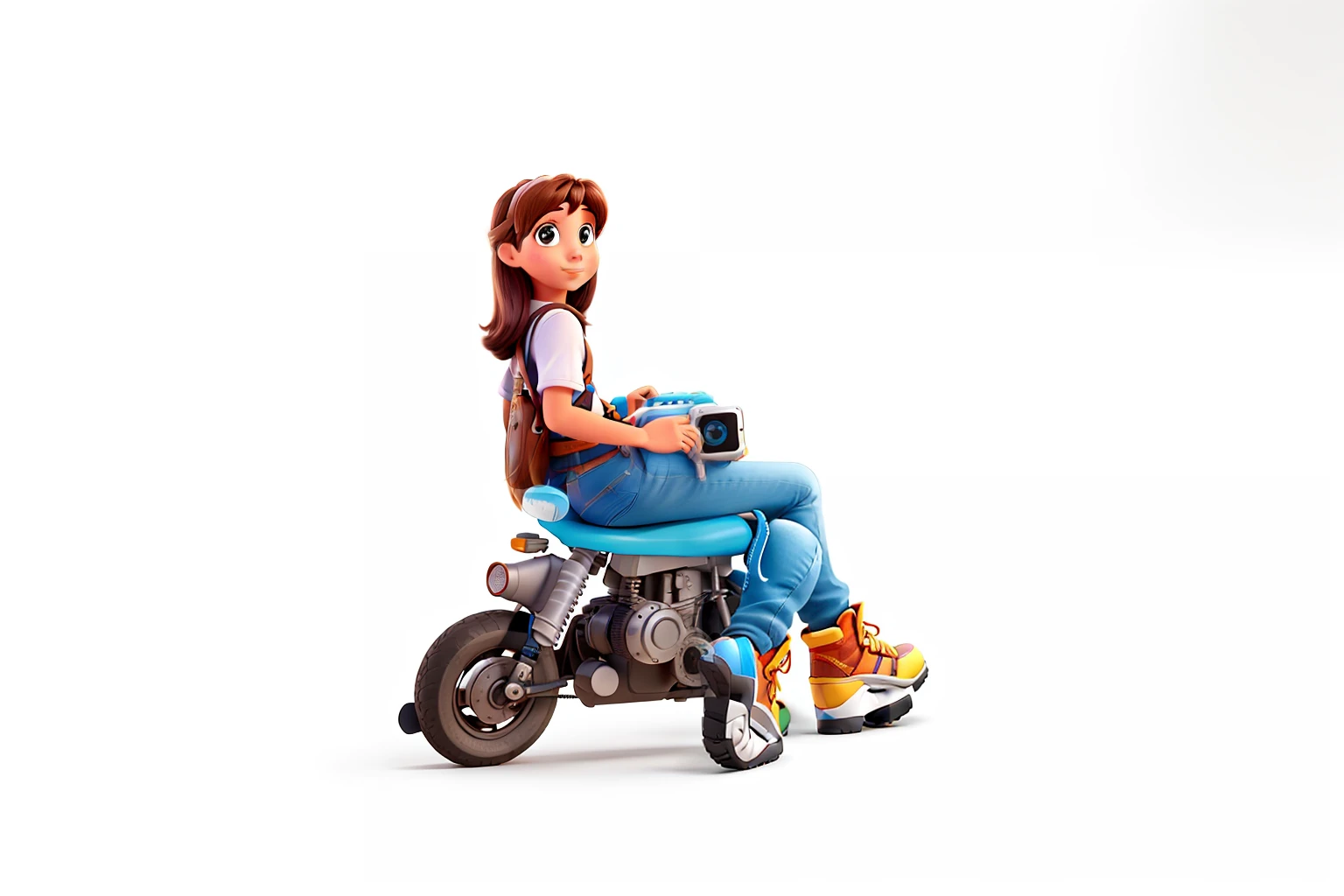 Una chica del estilo disney pixar, con alta cualidad, mejor calidad. with title "Explorer 5 plus" y el logo "Wellell".