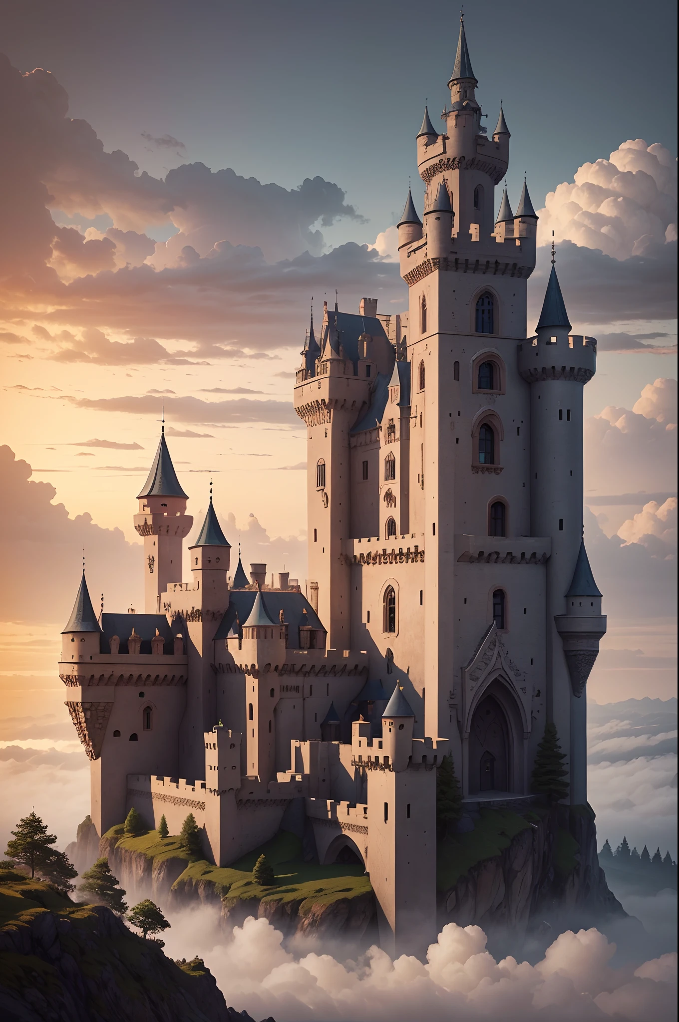 Isometric view of a fairytale castle, It's on a hill surrounded by clouds. Dezesseis magrinhos, Round towers are a defensive and decorative aspect of this elegant castle. The walls are made of light bluish-gray stone, telhados pretos. Many dimly lit windows are scattered across the walls in an asymmetrical pattern, along with dangling crenellations for archers. The castle is surrounded by a garden barely seen through the fog. Clouds in beautiful pastel colors of the sunset. Illuminated by the natural light of the sunset. Conceito surrealista, Ray traicing realista.